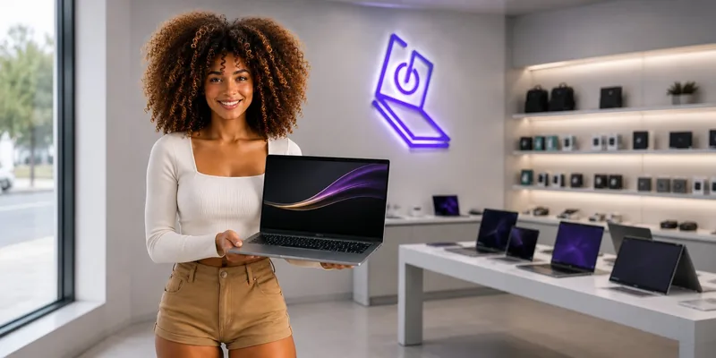 Ilustración de la atención en tienda, con laptops en exhibición al fondo