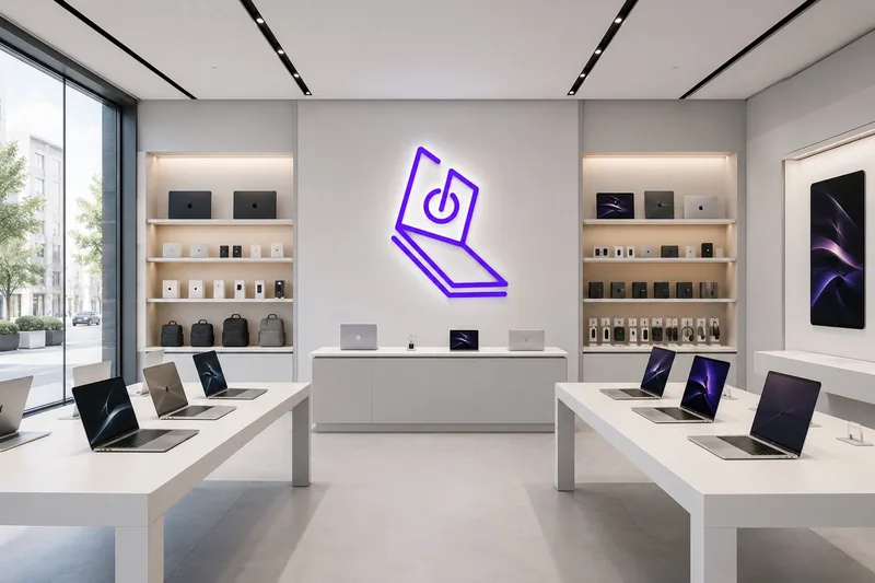 Ilustración del showroom de F.I.S.M Technology: laptops en exhibición sobre mesas blancas bajo el logotipo de la marca